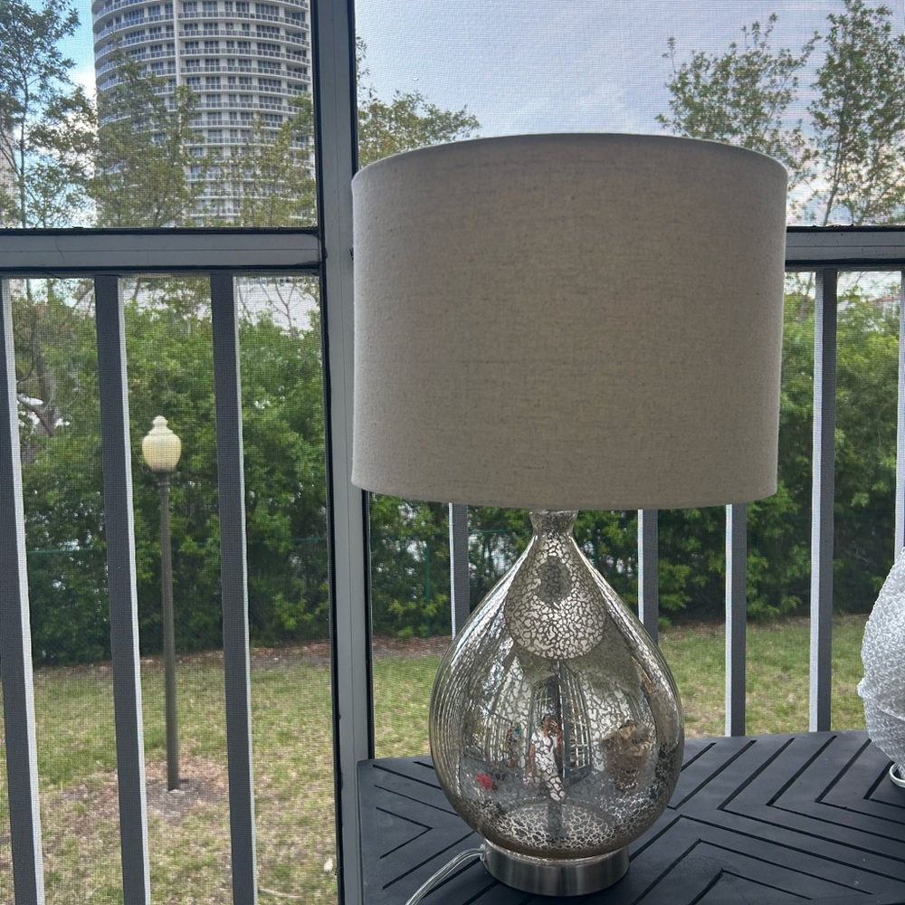 Neutral Beige Shade with Silver Teardrop Glass Table Lamp